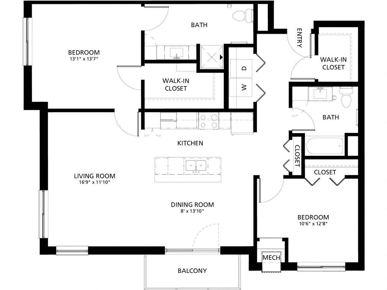 Floor plan for 2 beds, 2 baths, 1228 sqft
